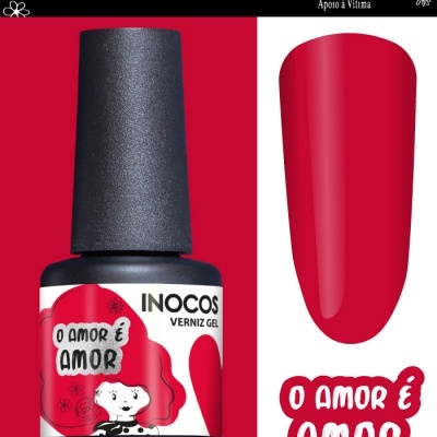 Frasco de verniz gel INOCOS cor vermelha com texto 'o amor é AMOR'