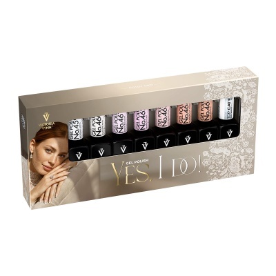 Conjunto de verniz gel Victoria Vynn em caixa bege com detalhes florais e oito frascos visíveis.