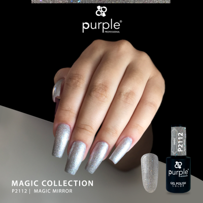 Unha com verniz gel prateado brilhante da Purple Professional coleção Magic Collection P2112 Magic Mirror
