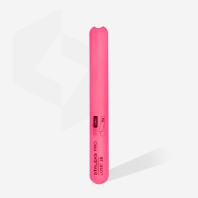 Pen shaped pink disposable device with black text on white background