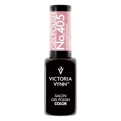 Frasco de verniz de gel preto Victoria Vynn com rótulo rosa e texto branco