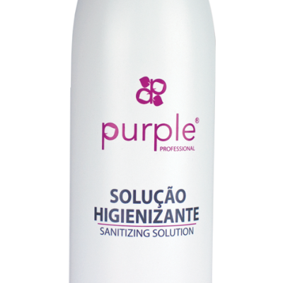 Frasco branco de solução higienizante Purple Professional com texto em roxo e azul.