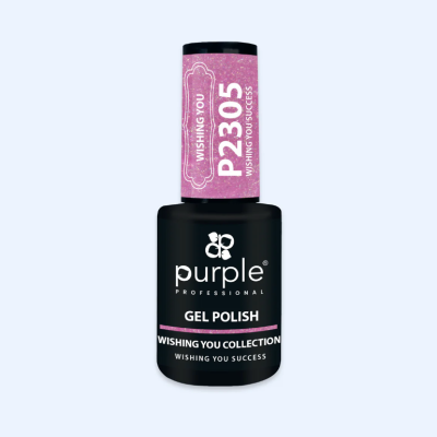 Frasco de verniz gel Purple preto com tampa rosa e texto branco