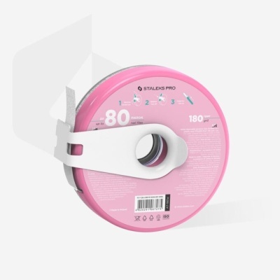 Disco de lixa Staleks Pro rosa com suporte branco e texto técnico.