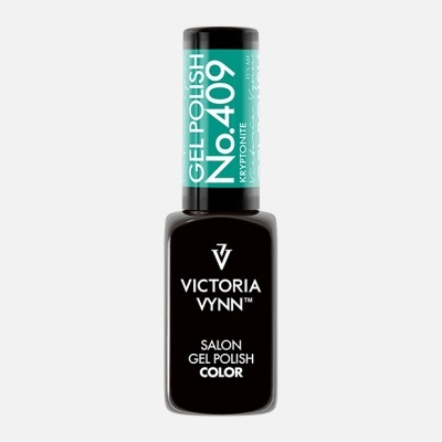 Frasco de verniz gel preto Victoria Vynn com tampa preta e rótulo verde claro com texto branco