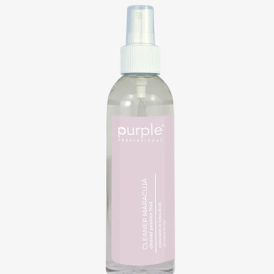 Frasco de spray transparente com rótulo lilás e tampa branca