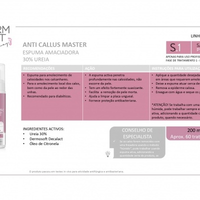 Espuma anti-calosos PHARM FOOT Anti Callus Master, embalagem 200 ml branca e rosa.