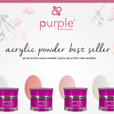 Quatro frascos de pó acrílico Purple Professional em diferentes cores e tampa roxa