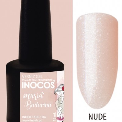 Verniz gel INOCOS Maria Bailarina e amostra da cor nude cintilante