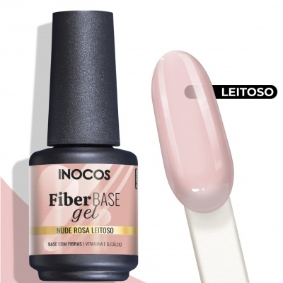Frasco de base de gel para unhas Nude Rosa Leitoso com amostra da cor