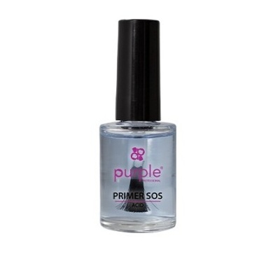 Frasco de verniz para unhas transparente com tampa preta e inscrição purple PROFESSIONAL PRIMER SOS ACID