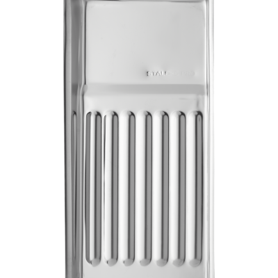 Tabuleiro metálico rectângulo prateado com ranhuras e secção lisa