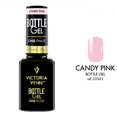 Frasco de verniz gel preta com rótulo e amostra de cor rosa claro Candy Pink