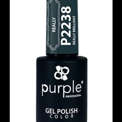 Frasco de verniz gel preto da Purple Professional com rótulos brancos