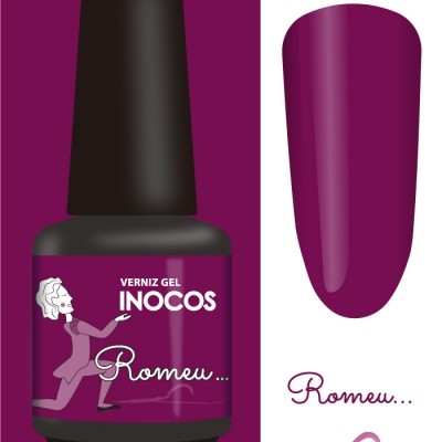 Frasco de verniz gel INOCOS cor roxa com tampa preta e amostra de cor Romeu