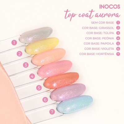 Paleta de vernizes Inocos top coat aurora com sete cores cintilantes numeradas e nomeadas.