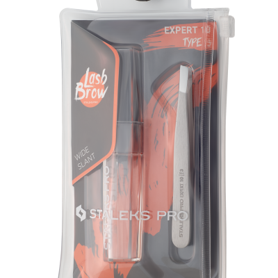 Conjunto para sobrancelhas com pinça e escova aplicadora, embalagem transparente com design cinza e laranja