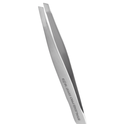 Pinça de aço inoxidável prateada com ponta oblíqua e texto gravado