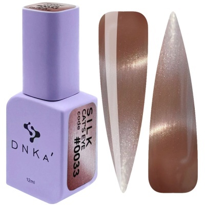 Frasco lilás de verniz gel DNKA com rótulo SILK CATS EYE #0033 e amostras de esmalte castanho cintilante
