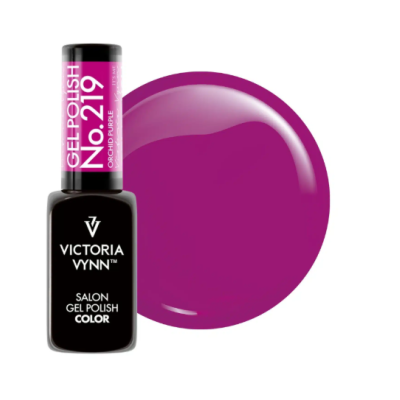 Frasco de verniz gel roxo Victoria Vynn e amostra da cor