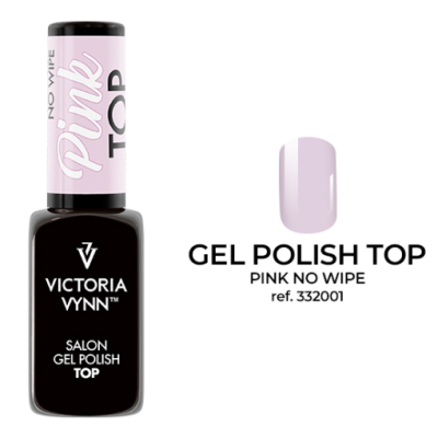 Frasco de verniz de gel preto com tampa rosa claro e texto visível, com amostra de cor rosa clara e referência.