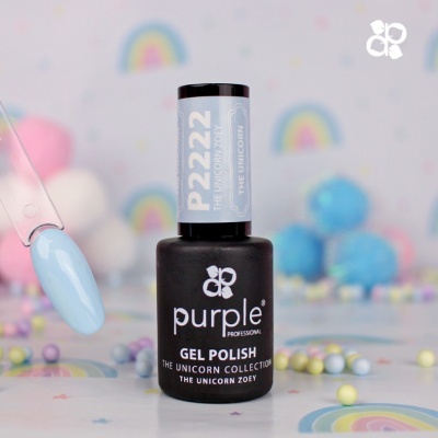 Frasco de verniz em gel azul claro da Purple Professional sobre fundo com arco-íris e bolas coloridas.