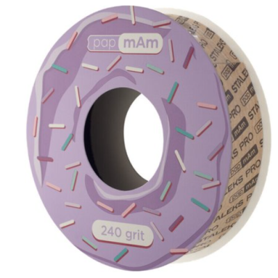 Rolo de lixa circular com design de donut lilás com sprinkles coloridos