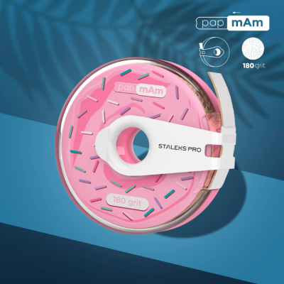 Lixa redonda para unhas cor-de-rosa com suporte branco e texto STALEX PRO num fundo azul