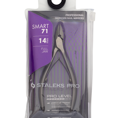 Alicate profissional Staleks Pro Smart 71 para unhas encravadas em embalagem transparente com detalhes roxos