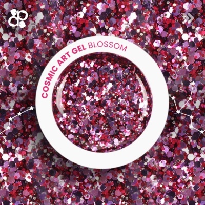 Frasco de gel para unhas glitter rosa e vermelho com tampa branca e texto COSMIC ART GEL BLOSSOM