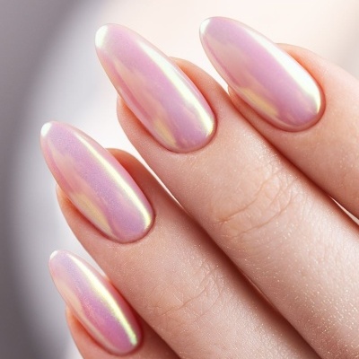 Unhas compridas com verniz perolado rosa brilhante