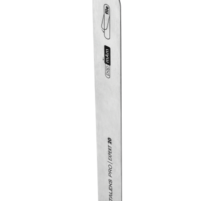 Lixa de unhas branca com texto e logos em preto