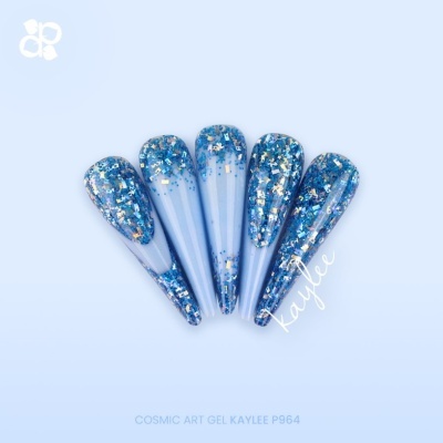 Unhas postiças em gel azul com glitter prateado