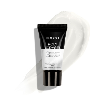 Tubo preto com gel branco para unhas da marca INOCOS sobre fundo branco