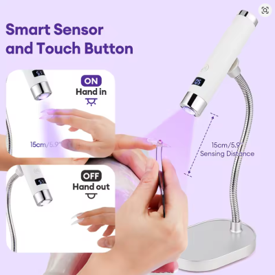 Luz LED branca com sensor e botão tátil para manicure em suporte metálico