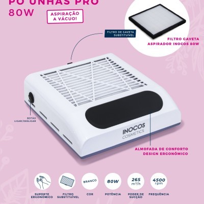 aspirador de pó para unhas branco INOCOS PRO 80W com filtro substituível e design ergonómico