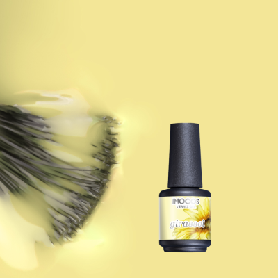 Frasco de verniz gel amarelo com pincel aplicador e etiqueta girassol.