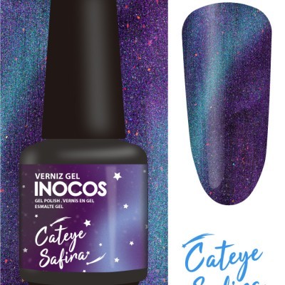 Frasco de verniz gel INOCOS Cateye Safira com amostra da cor roxa azulada brilhante
