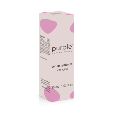 Embalagem branca com padrões cor-de-rosa e texto Purple Professional serum hyalu-lift anti-aging 30 ml | 1.01 fl oz.