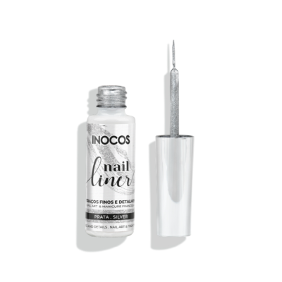 Frasco de verniz de unhas INOCOS nail liner prata metálico com pincel aberto