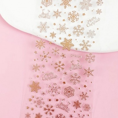 Folha de autocolantes com flocos de neve dourados e texto Merry Christmas