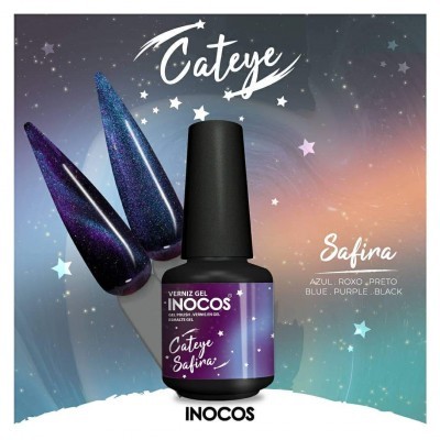 Frasco verniz gel INOCOS Cat Eye Safira azul, roxo, preto com amostras de unhas glitter e estrelas no fundo