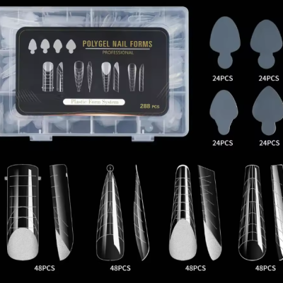 Estojo transparente com 288 formas de unhas Polygel profissionais e ilustracoes das formas