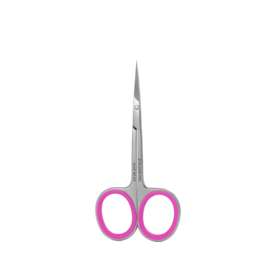 Tesoura pequena de metal com cabos cor-de-rosa e lâminas pontiagudas