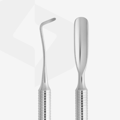 Dois instrumentos dentários metálicos prateados com cabos texturizados, um com ponta curva e outro com ponta espátula