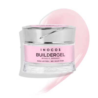 Frasco de gel Buildergel rosa leitoso Inocos com tampa prateada