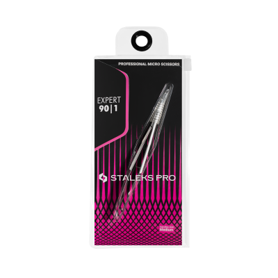 Tesouras profissionais micro StaLeks Pro EXPERT 90 11 em embalagem preta e rosa