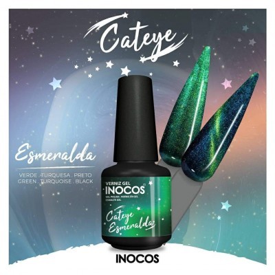 Frasco de verniz gel Inocos Esmeralda com unhas decoradas verde turquesa e preto sobre fundo estrelado