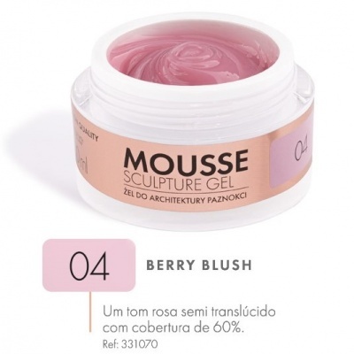 Pote aberto de gel para unhas cor rosa semi translúcido com rótulo MOUSSE SCULPTURE GEL