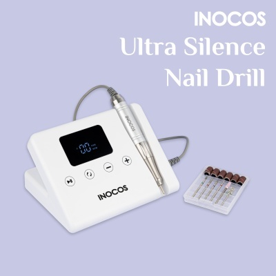 Conjunto INOCOS Ultra Silence Nail Drill com aparelho branco, caneta prateada e brocas